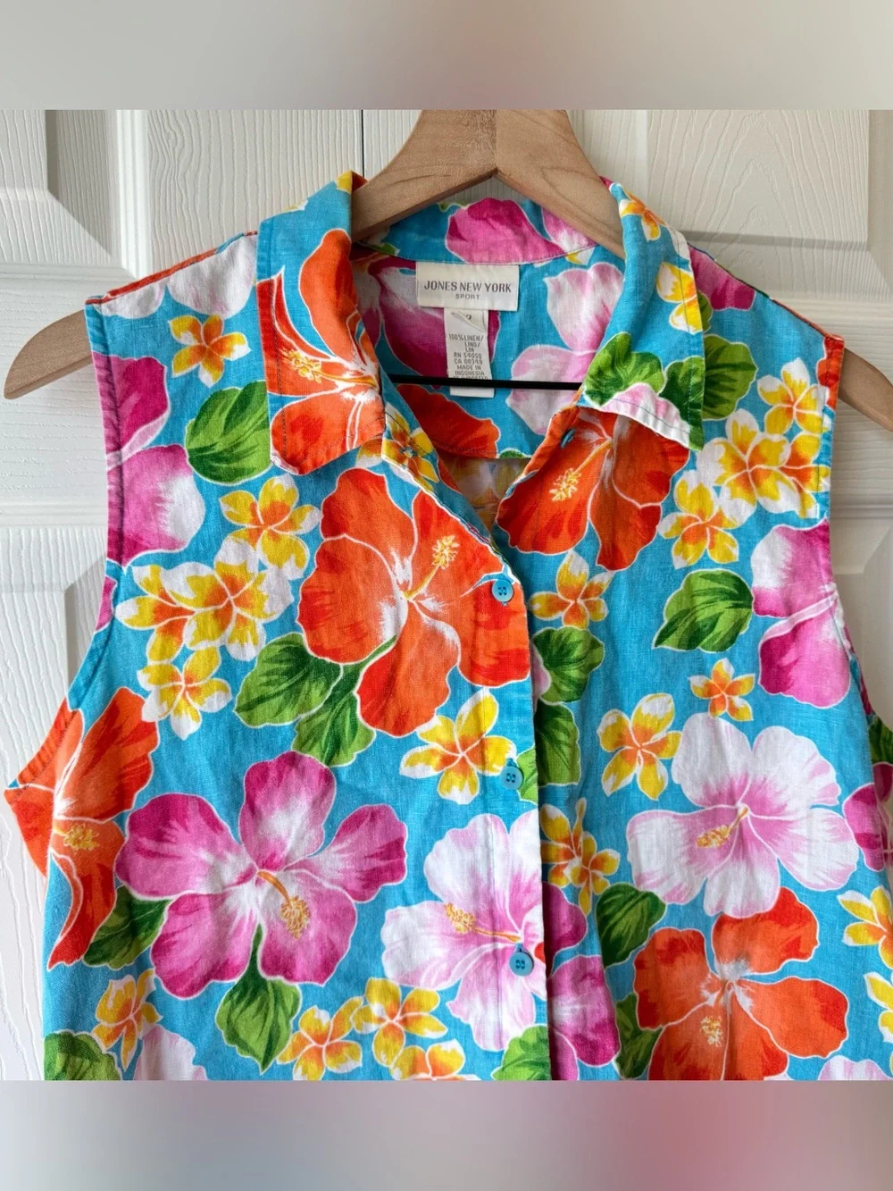 Jones New York Sleeveless Linen Button Up Boxy Top Size 12 Resort Tiki Hawaiian